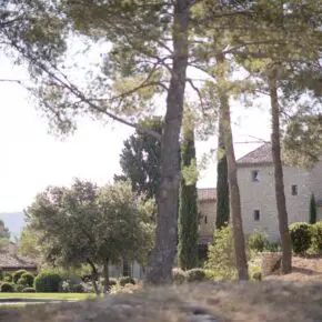 Le mas aperçu entre les pins, la colline relie les différents étages. Le jardin devient progressivement pinède