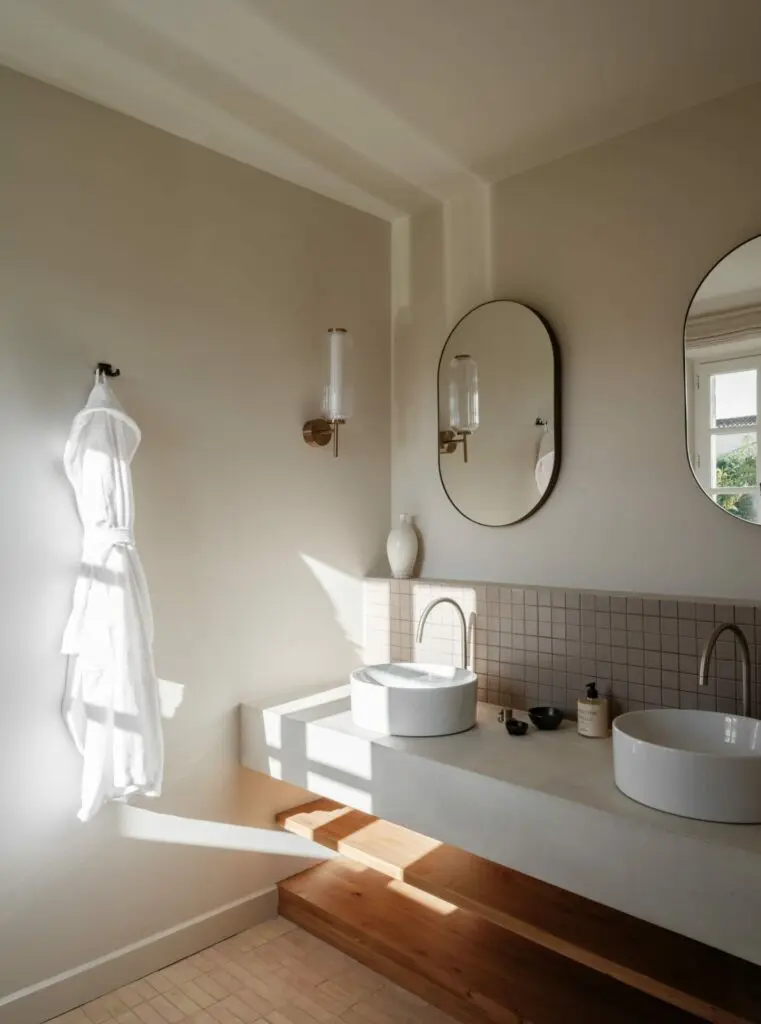 Salle de bains, plan en béton ciré et double vasque, sol en zelliges bejmat naturels