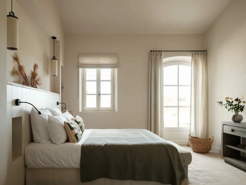 Chambre aux murs clairs, linge de lit vert olive et stores en tissu, sol en pierre