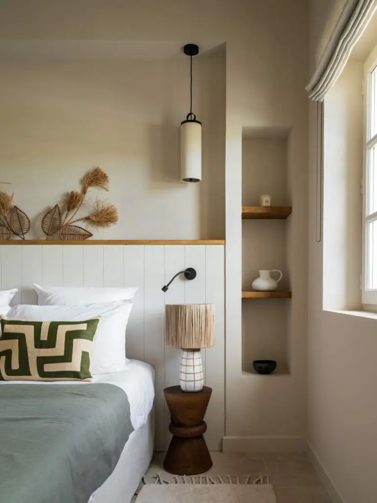 Chambre en alcôve, tête de lit en bois peint, niches en plâtre et liseuses